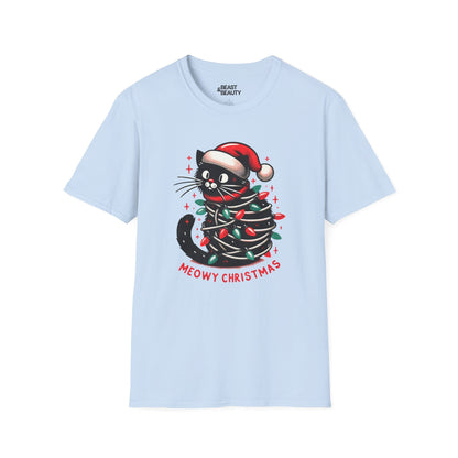 meowy christmas cat t-shirt light blue t-shirt Christmas gift idea