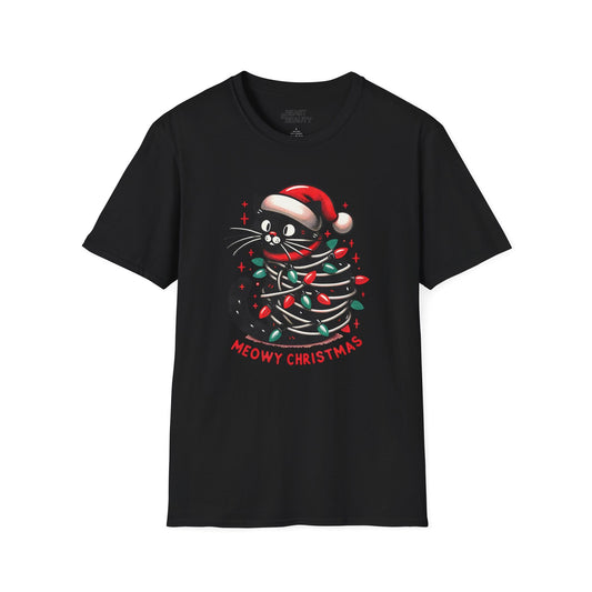 meowy christmas cat t-shirt black t-shirt Christmas gift idea