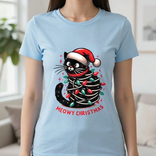 Meowy Christmas Cat T-Shirt in Light Blue, worn, our photo