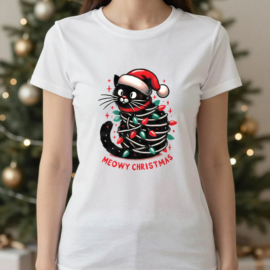Meowy Christmas Cat T-Shirt in White, worn, our photo