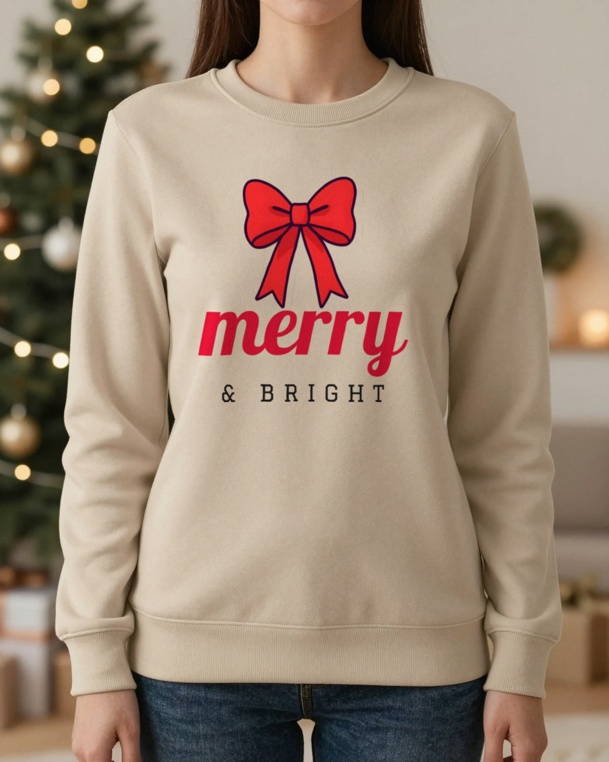 Merry & Bright Bow Christmas Jumper & T-Shirt worn