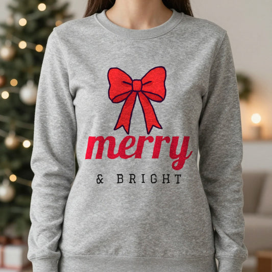 Merry & Bright Bow Christmas Jumper & T-Shirt worn, lifestyle photo