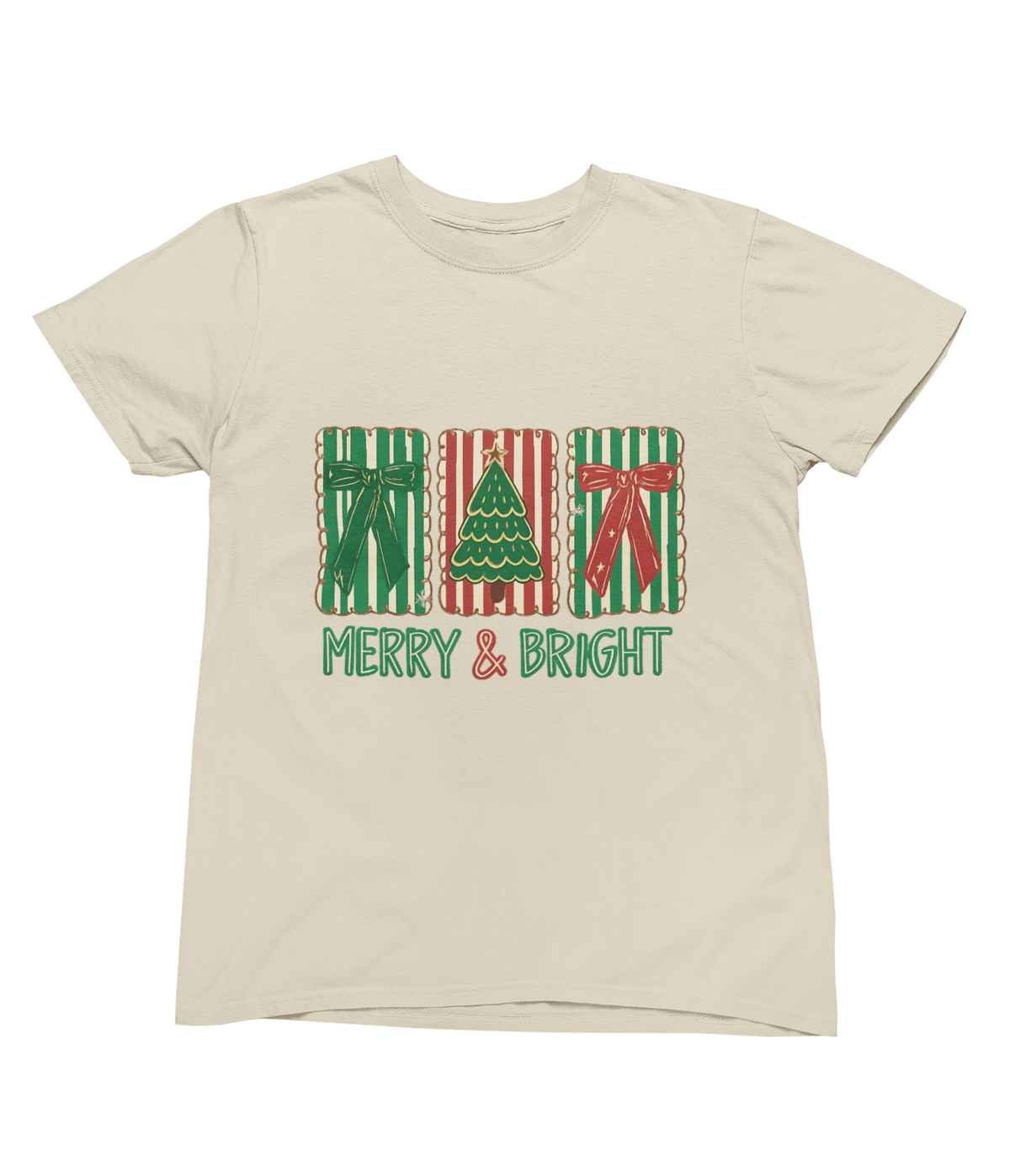 beige t-shirt with christmas biscuit and coquette bow graphic