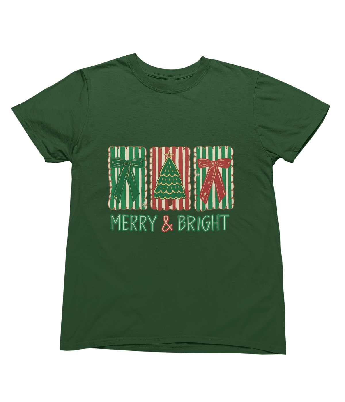 green t-shirt with merry and bright coquette cookie christmas design