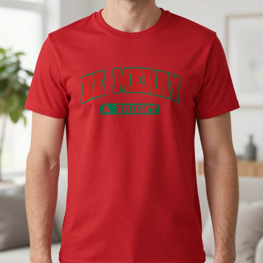 Merry & Bright Christmas T-Shirt in Red, worn, our photo