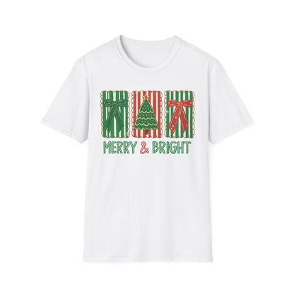 black t-shirt with merry and bright holiday gift print