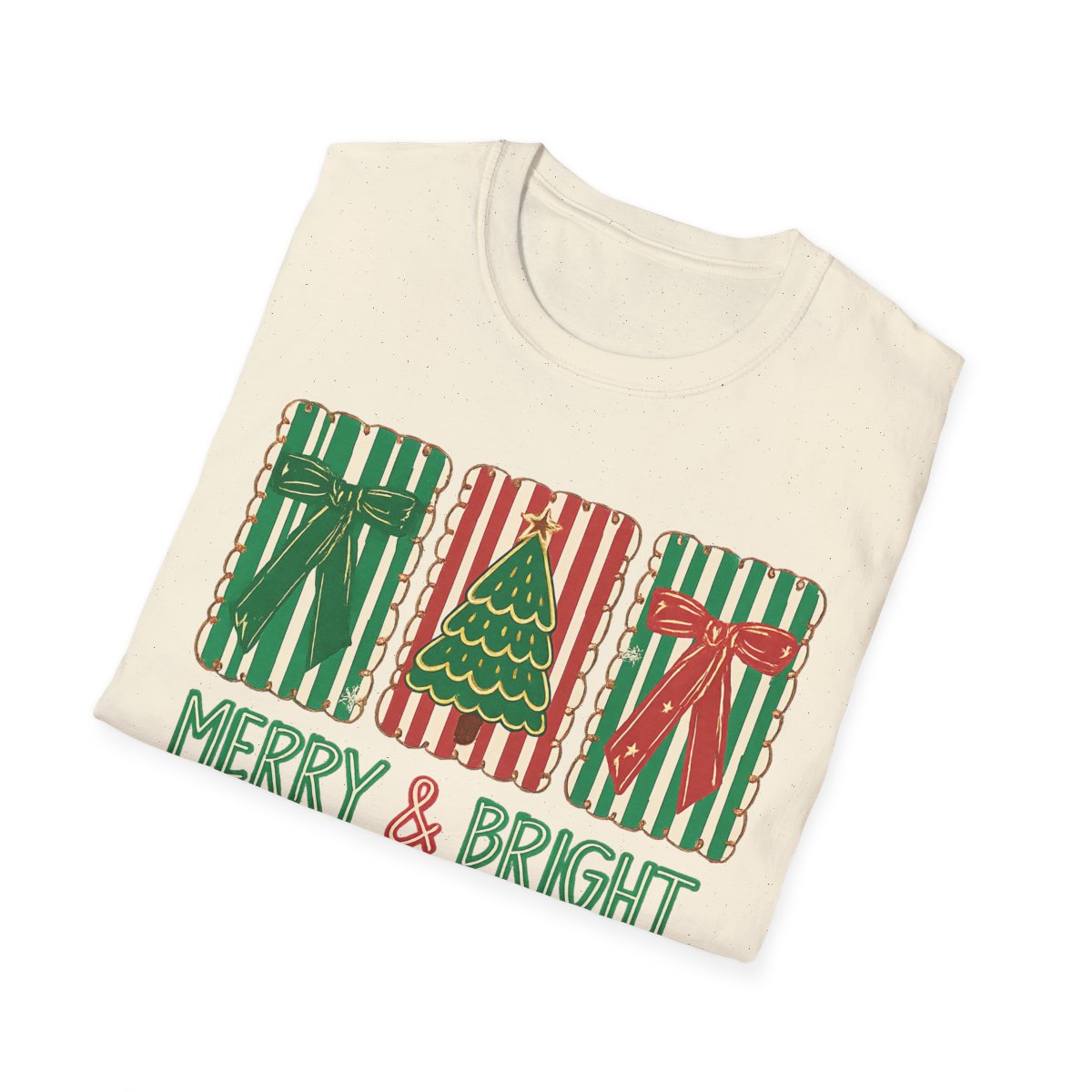 close-up of merry and bright printed design on t-shirt