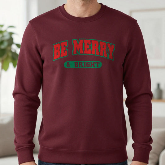 Merry & Bright Christmas Sweatshirt in Maroon, worn, our photo