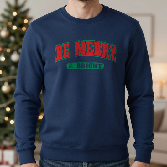 Merry & Bright Christmas Sweatshirt in Navy, worn, our photo