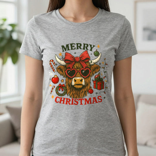 Merry Christmas Highland Cow T-Shirt in Sport Grey, worn, our photo