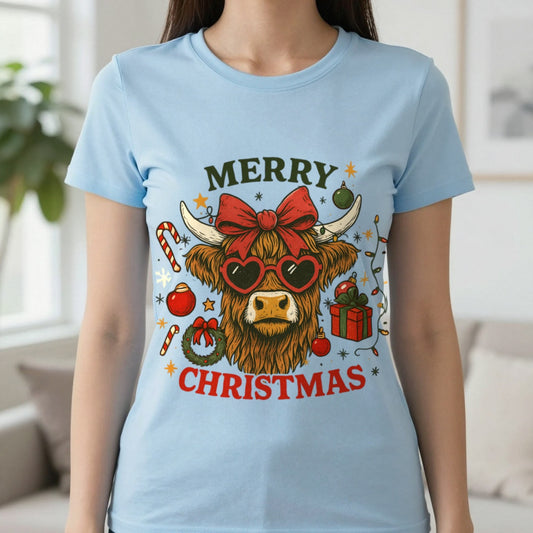 Merry Christmas Highland Cow T-Shirt in Light Blue, worn, our photo