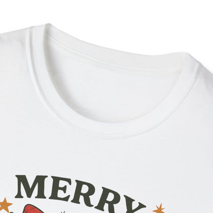 light blue t-shirt showing merry christmas highland cow design detail
