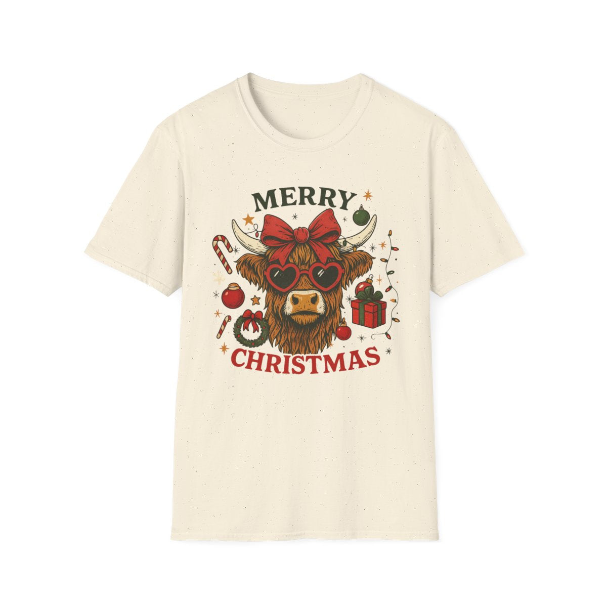 white t-shirt with cute highland cow wearing heart sunglasses and festive bow