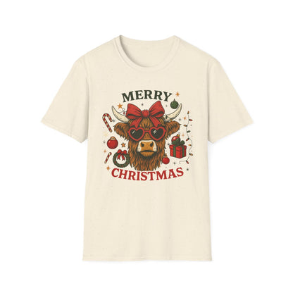 white t-shirt with cute highland cow wearing heart sunglasses and festive bow
