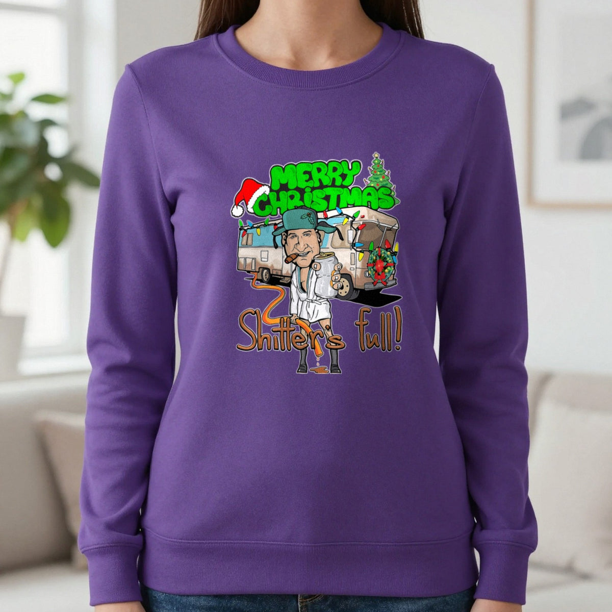 Merry Christmas Shitter's Full T-Shirt & Sweatshirt in Purple, worn, our photo