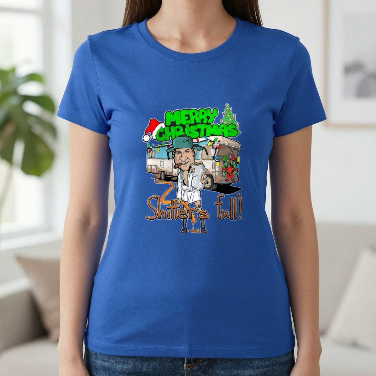 Merry Christmas Shitter's Full T-Shirt & Sweatshirt in Royal, worn, our photo