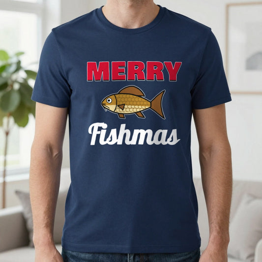 Merry Fishmas Fishing Christmas Jumper & T-Shirt in Navy (T-Shirt), worn, our photo