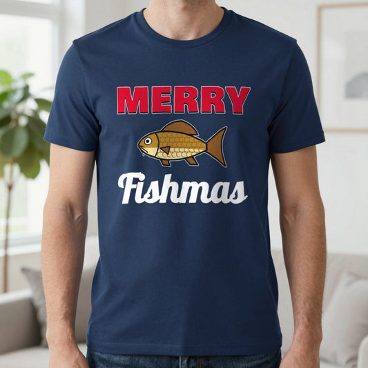 Merry Fishmas Fishing Christmas Jumper & T-Shirt in Navy (T-Shirt), worn, our photo