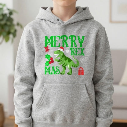 Merry Rex Christmas Kids Hoodie in Sport Grey, worn, our photo