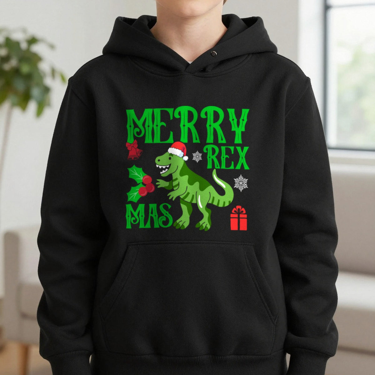 Merry Rex Christmas Kids Hoodie in Black, worn, our photo
