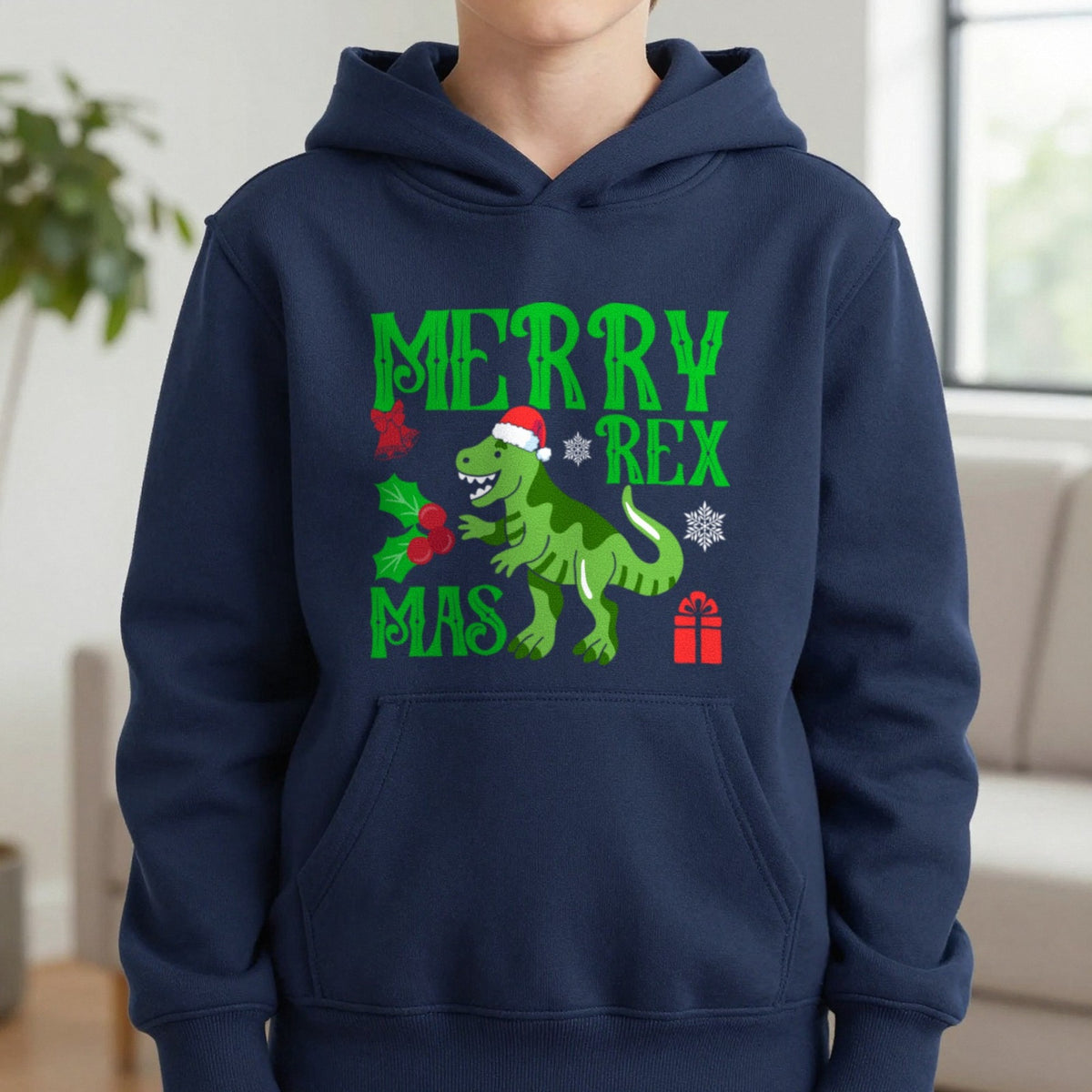 Merry Rex Christmas Kids Hoodie in Navy, worn, our photo