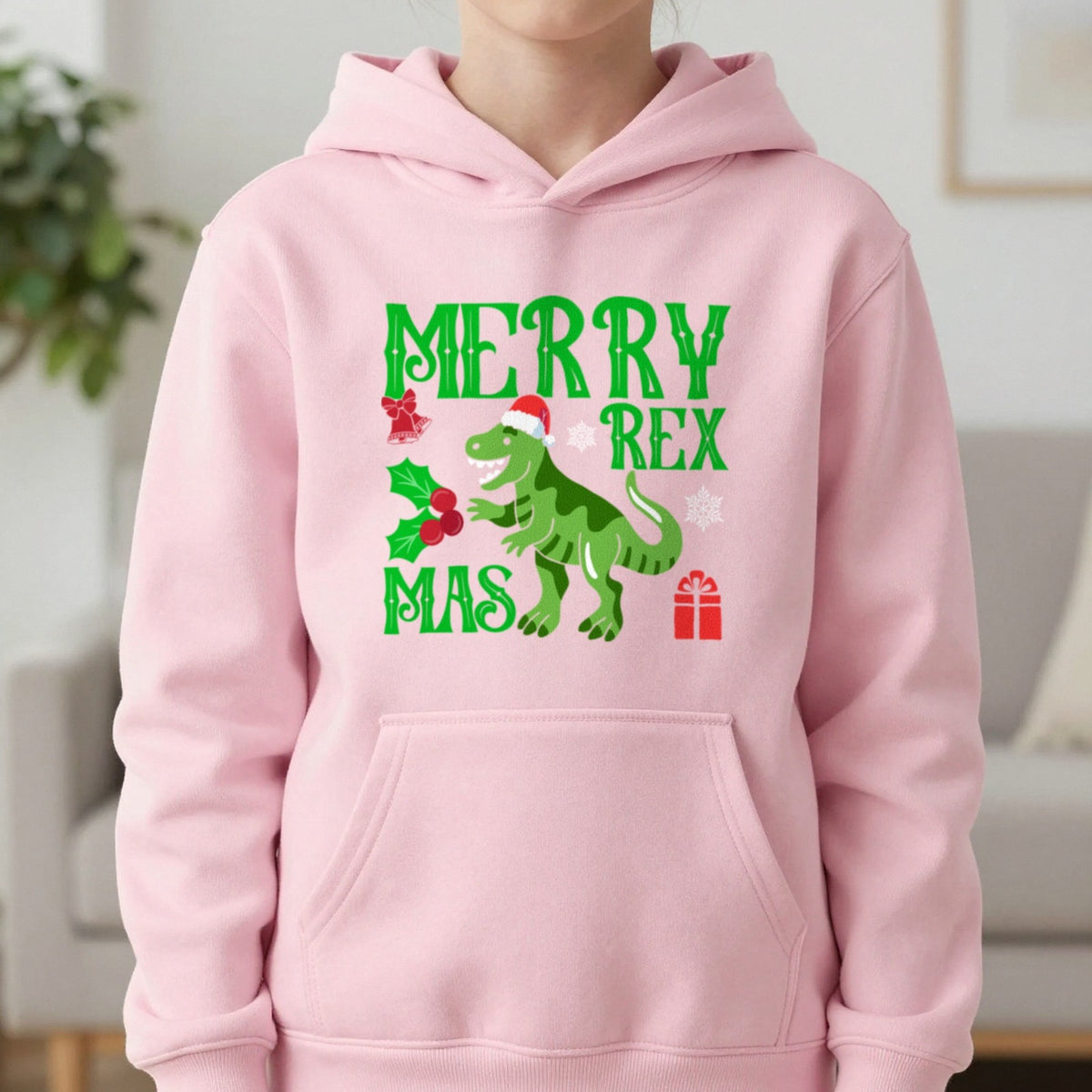 Merry Rex Christmas Kids Hoodie in Light Pink, worn, our photo