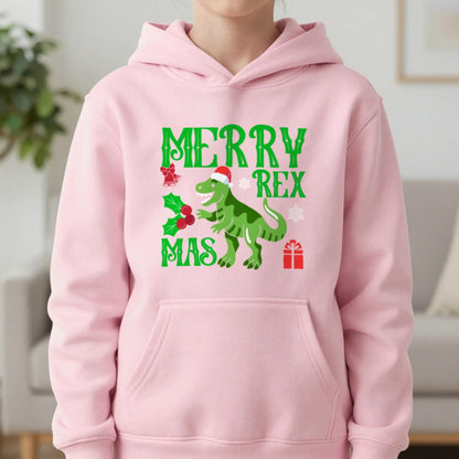 Merry Rex Christmas Kids Hoodie in Light Pink, worn, our photo