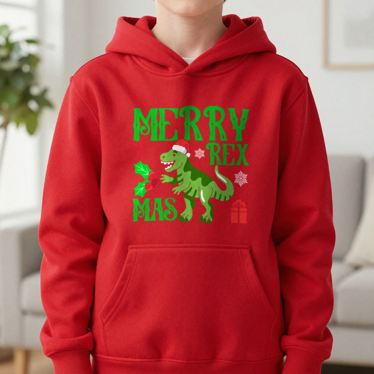 Merry Rex Christmas Kids Hoodie in Red, worn, our photo