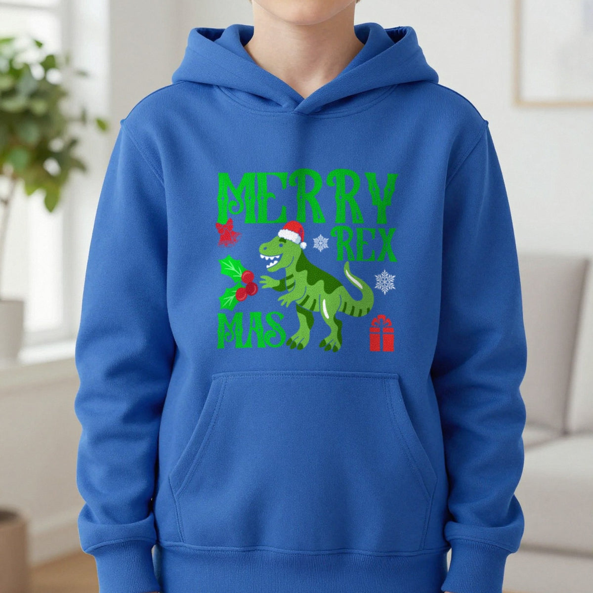 Merry Rex Christmas Kids Hoodie in Royal, worn, our photo