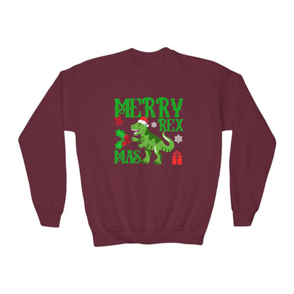 maroon sweatshirt with merry rex dinosaur christmas design for kids