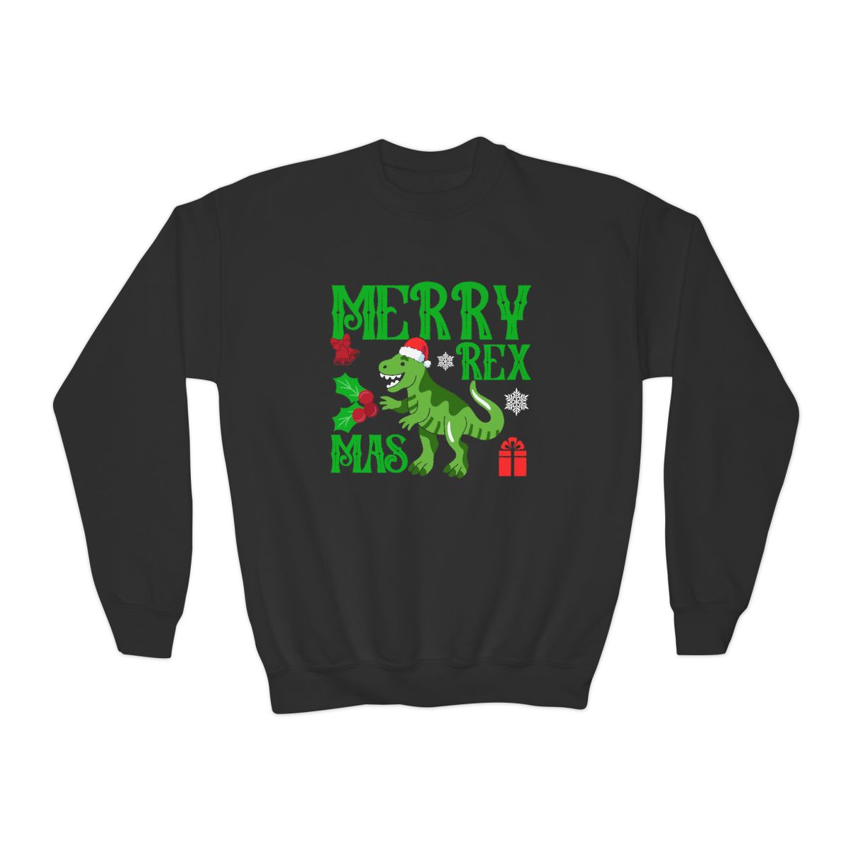 navy youth sweatshirt with playful roaring dinosaur holiday graphic