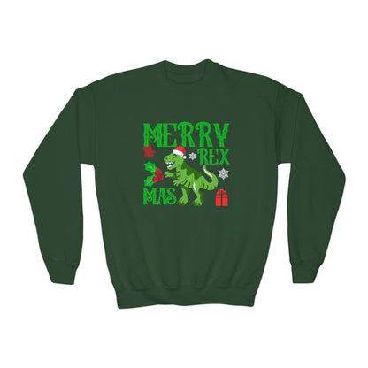 black kids sweatshirt featuring festive merry rex dinosaur print