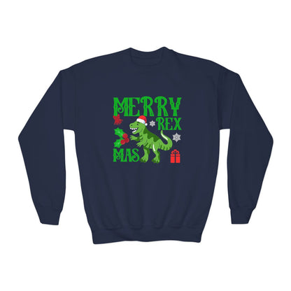 forest green youth christmas sweatshirt with fun dinosaur merry rex design