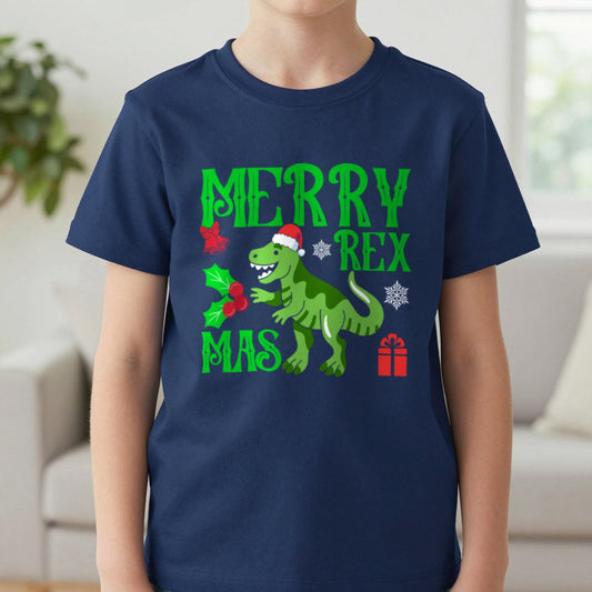 Merry Rexmas Kids Christmas T-Shirt in Navy, worn, our photo