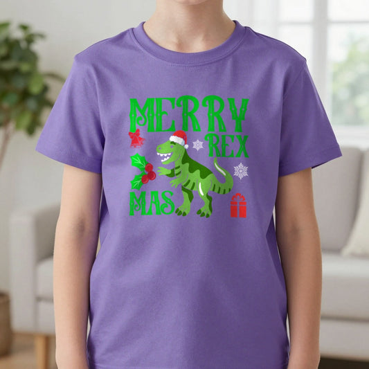 Merry Rexmas Kids Christmas T-Shirt in Purple, worn, our photo