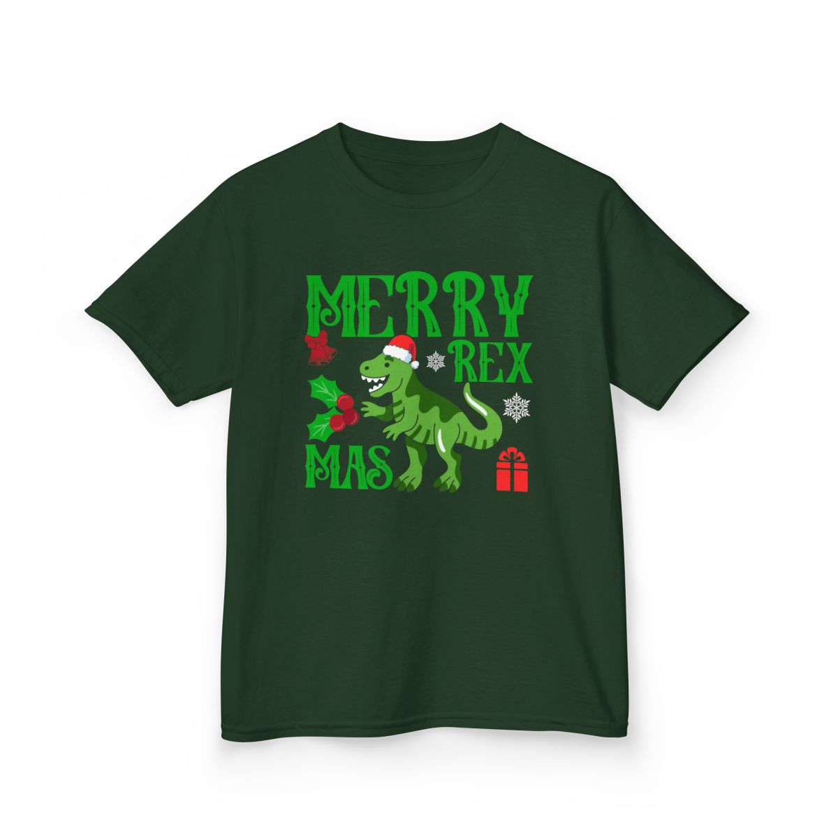 navy kids t-shirt with Merry Rexmas dinosaur Christmas design