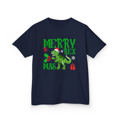 black kids t-shirt with festive Merry Rexmas dinosaur design for Christmas