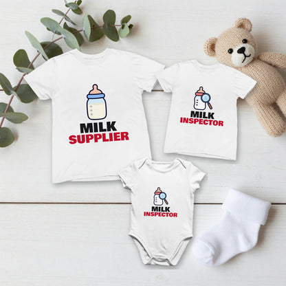 Milk Supplier & Milk Inspector Mum and Baby Set matching set flat lay with kids tee