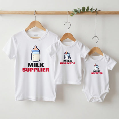 Milk Supplier & Milk Inspector Mum and Baby Set matching set grown-up tee, kids tee and baby grow on hangers