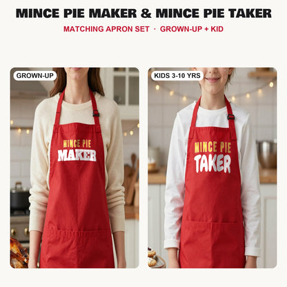 Mince Pie Maker & Mince Pie Taker matching apron set in Red: grown-up and kids aprons, our photo