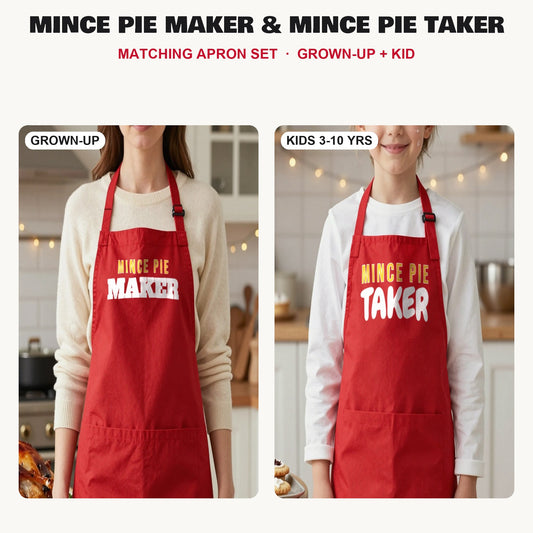 Mince Pie Maker & Mince Pie Taker matching apron set in Red: grown-up and kids aprons, our photo