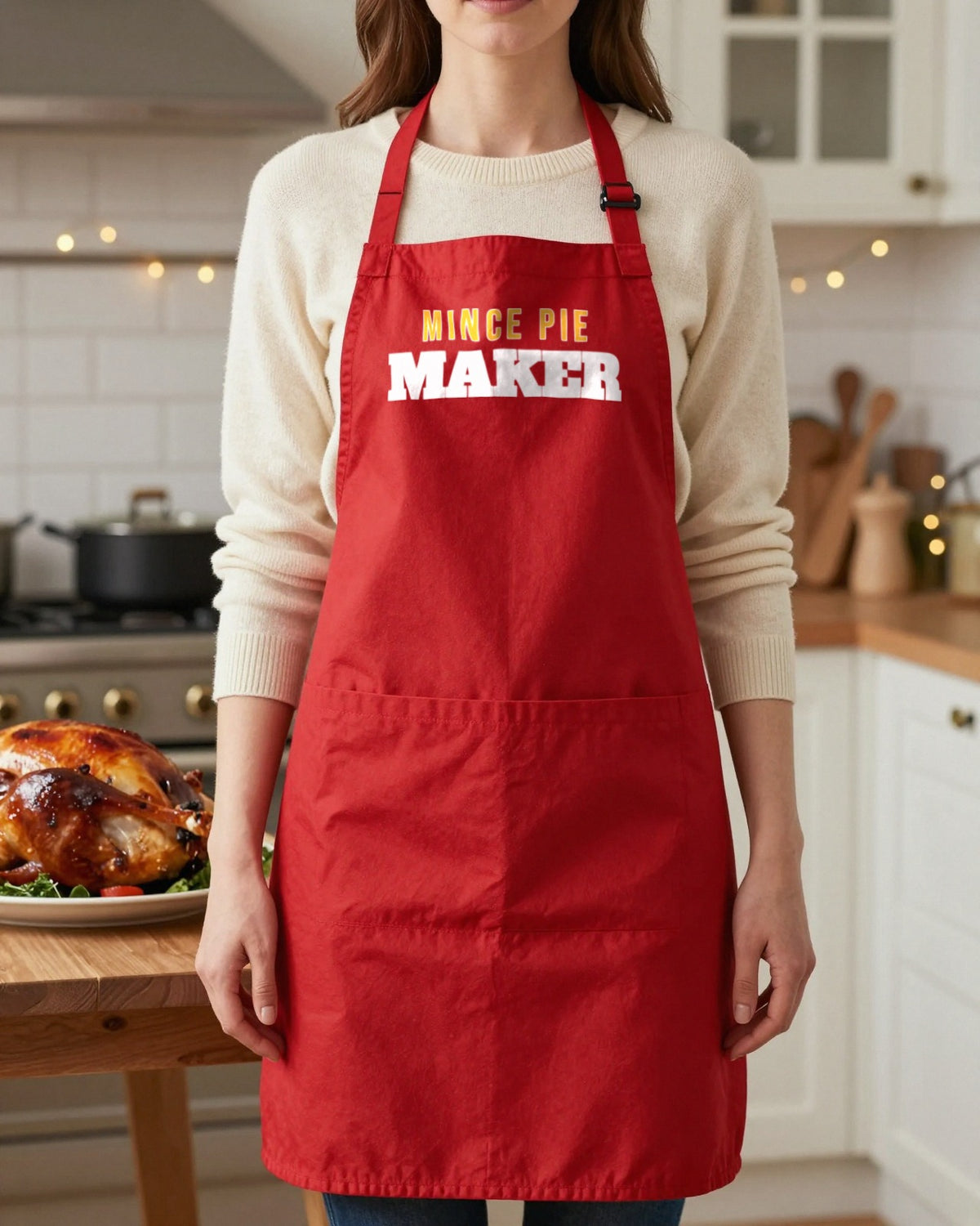 Mince Pie Maker & Mince Pie Taker grown-up apron, worn