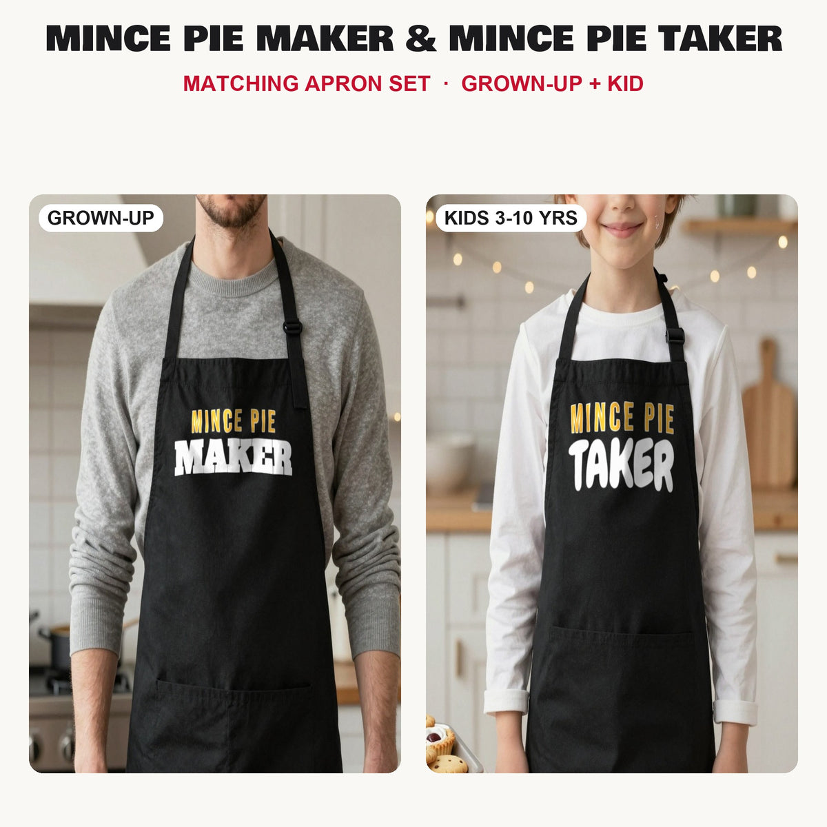Mince Pie Maker & Mince Pie Taker matching apron set in Black: grown-up and kids aprons, our photo