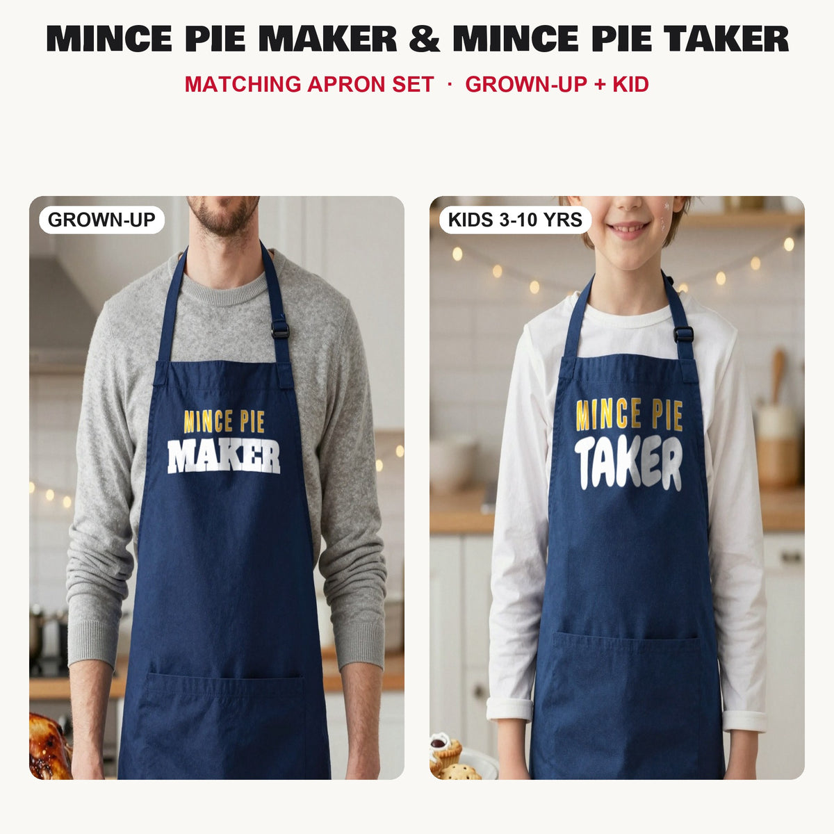 Mince Pie Maker & Mince Pie Taker matching apron set in Navy: grown-up and kids aprons, our photo