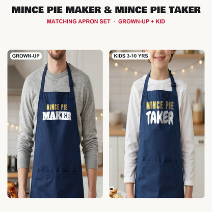 Mince Pie Maker & Mince Pie Taker matching apron set in Navy: grown-up and kids aprons, our photo