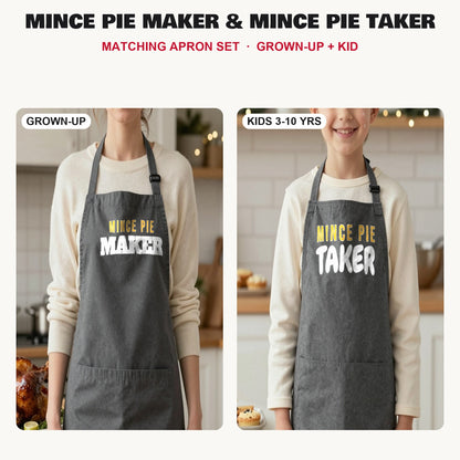 Mince Pie Maker & Mince Pie Taker matching apron set in Dark Grey: grown-up and kids aprons, our photo