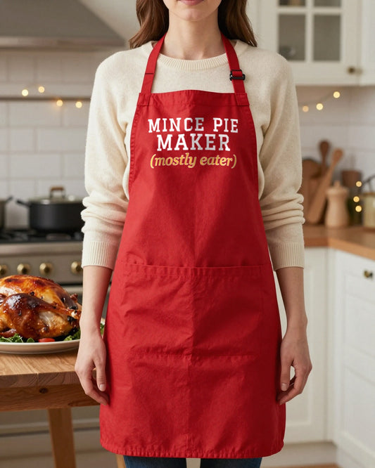 Mince Pie Maker Mostly Eater Christmas apron in Red, worn, our photo