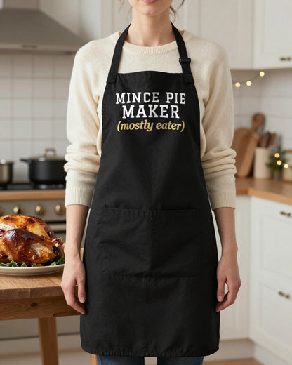 Mince Pie Maker Mostly Eater Christmas apron in Black, worn, our photo
