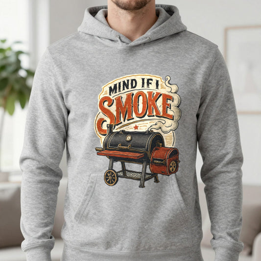 Mind If I Smoke BBQ Smoker Hoodie in Sport Grey, worn, our photo
