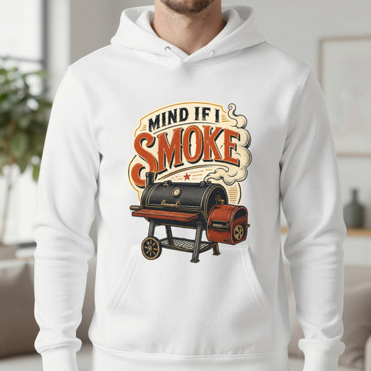 Mind If I Smoke BBQ Smoker Hoodie in White, worn, our photo
